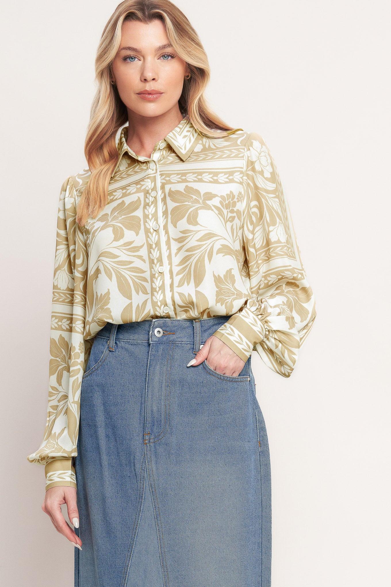 Palm Bazaar Woven Top in taupe ivory, view 4 — Soul Flow Apparel