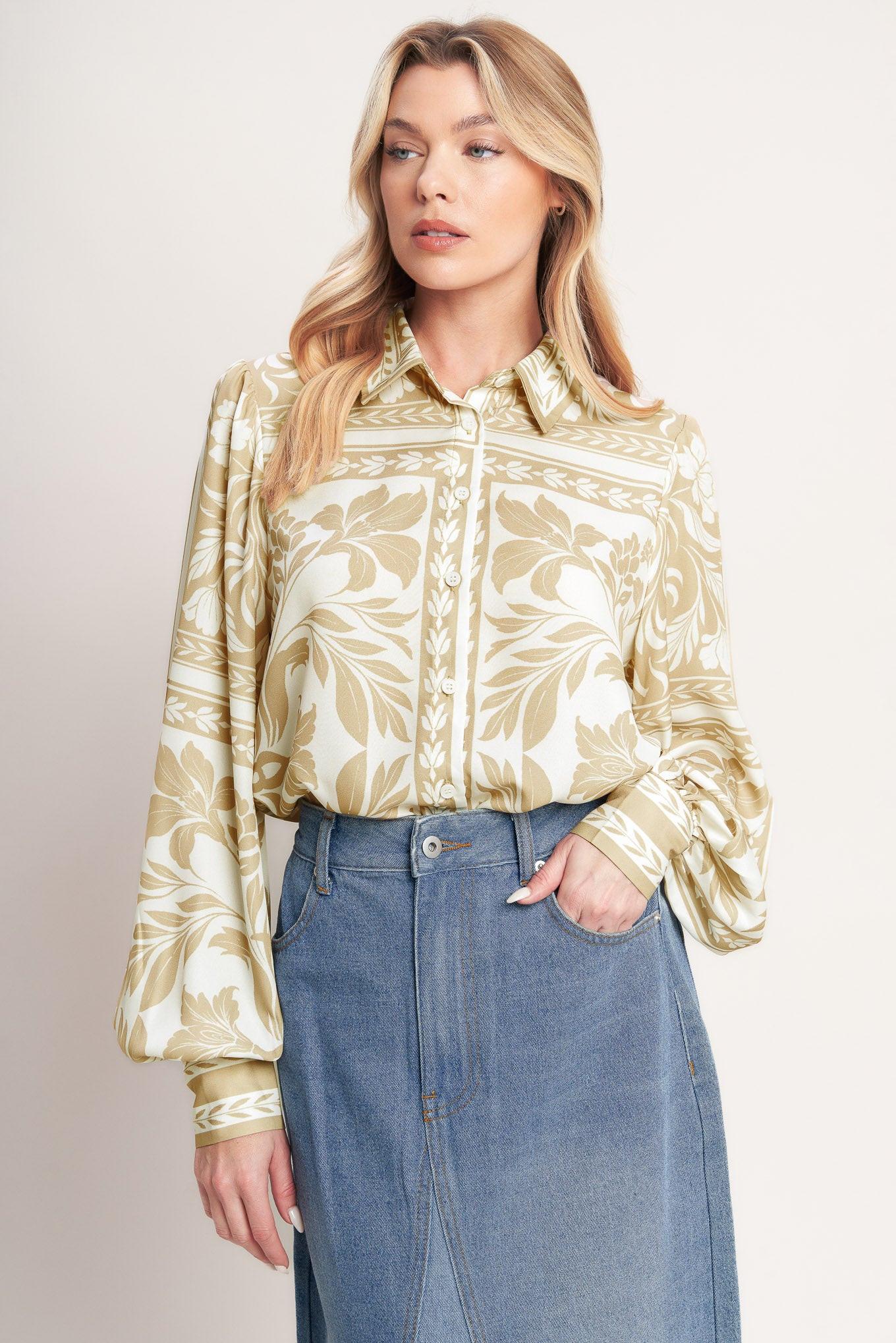 Palm Bazaar Woven Top in taupe ivory, view 6 — Soul Flow Apparel
