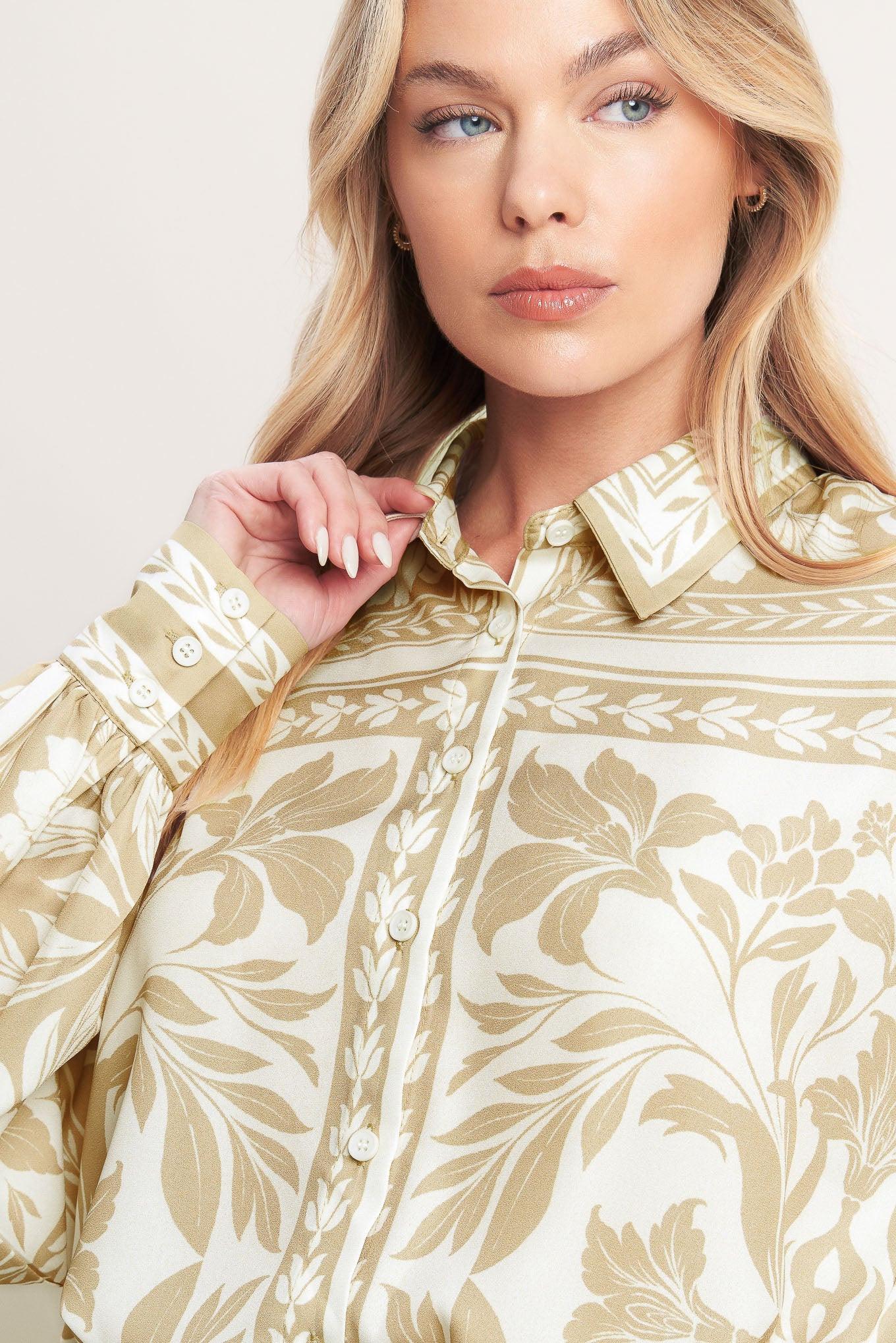 Palm Bazaar Woven Top in taupe ivory, view 7 — Soul Flow Apparel
