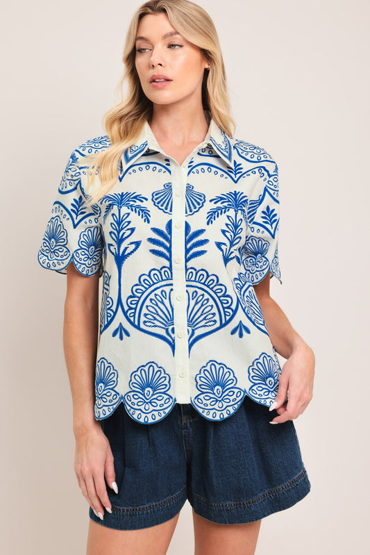 Coastline Palm Woven Top in ivory blue, view 1 — Soul Flow Apparel