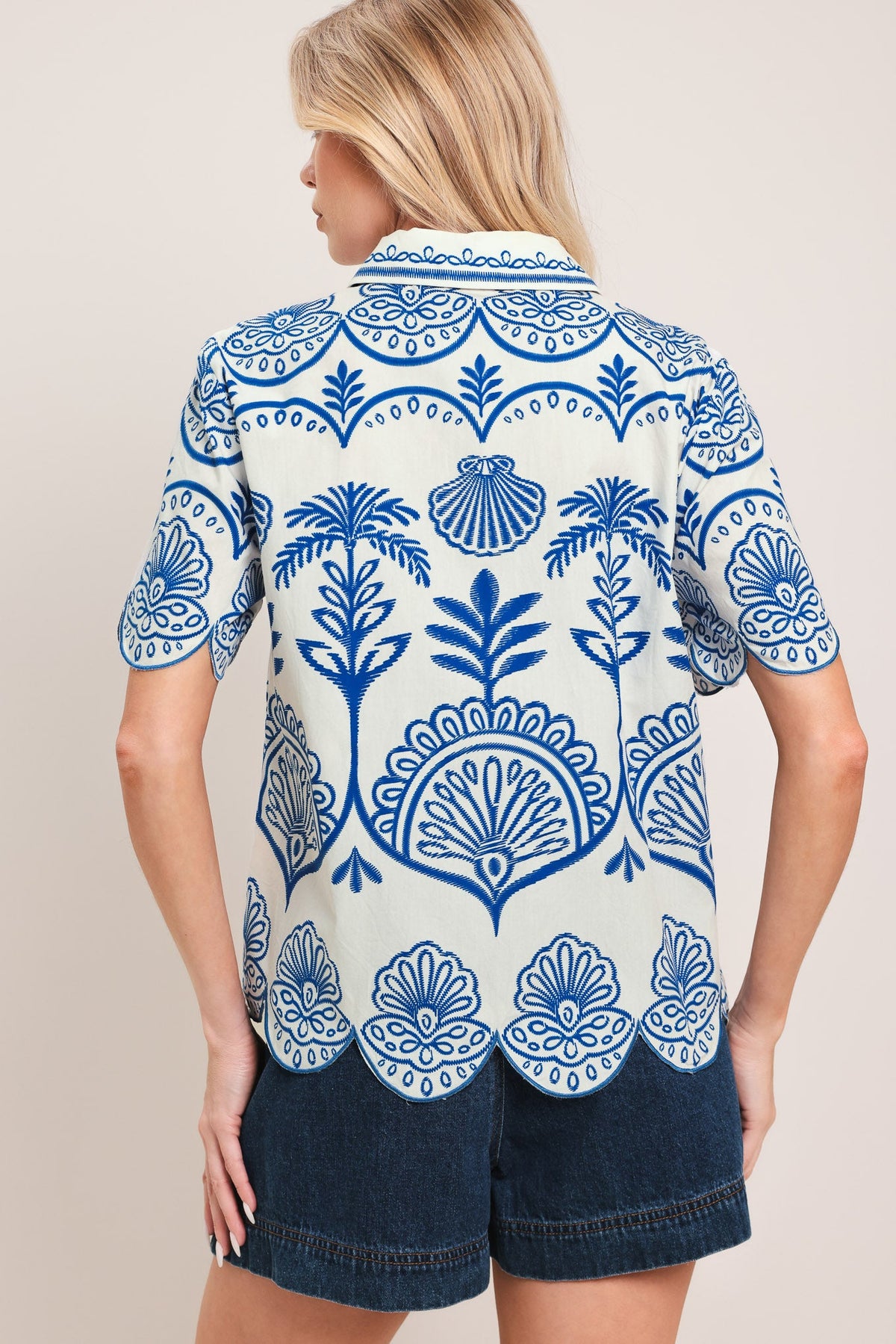 Coastline Palm Woven Top in ivory blue, view 7 — Soul Flow Apparel