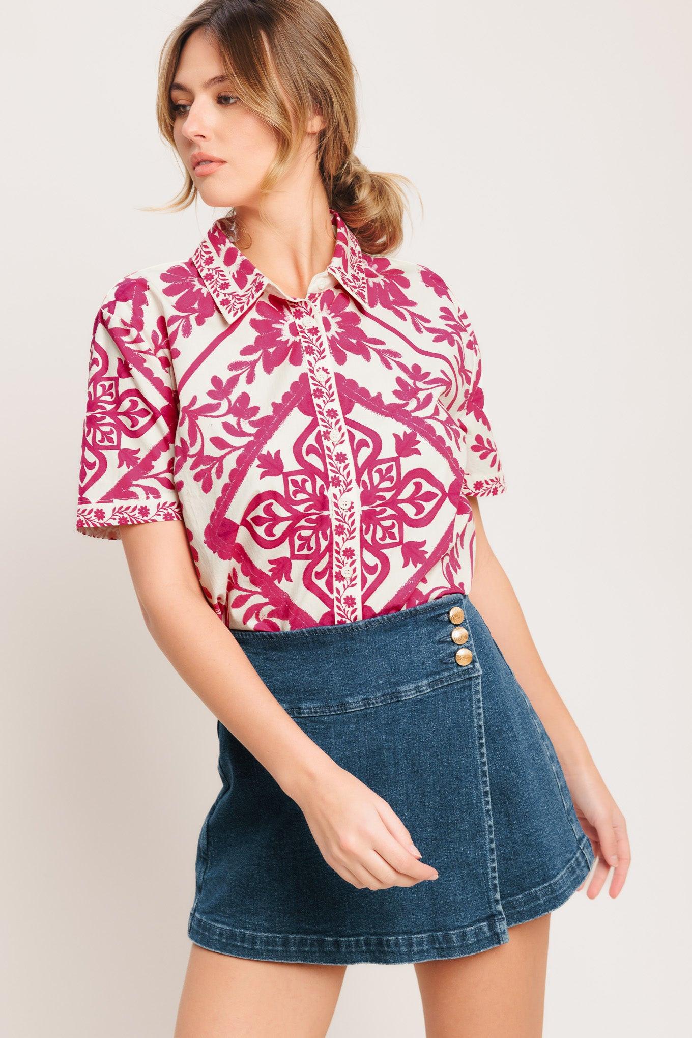 Weekday Wrap Woven Top in ivory fuchsia, view 1 — Soul Flow Apparel