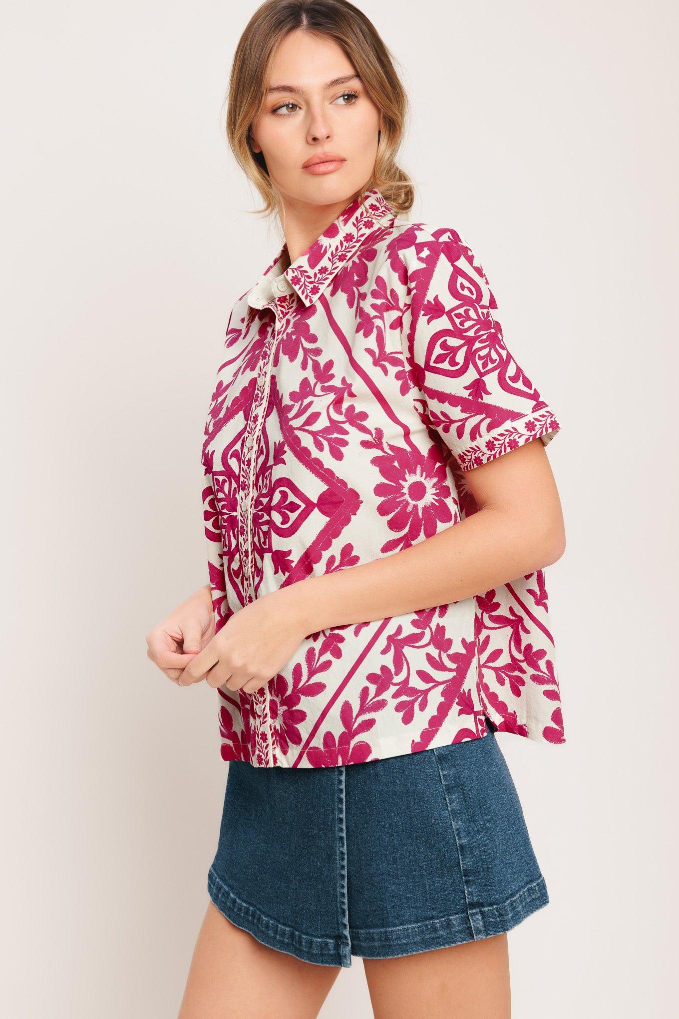 Weekday Wrap Woven Top in ivory fuchsia, view 3 — Soul Flow Apparel
