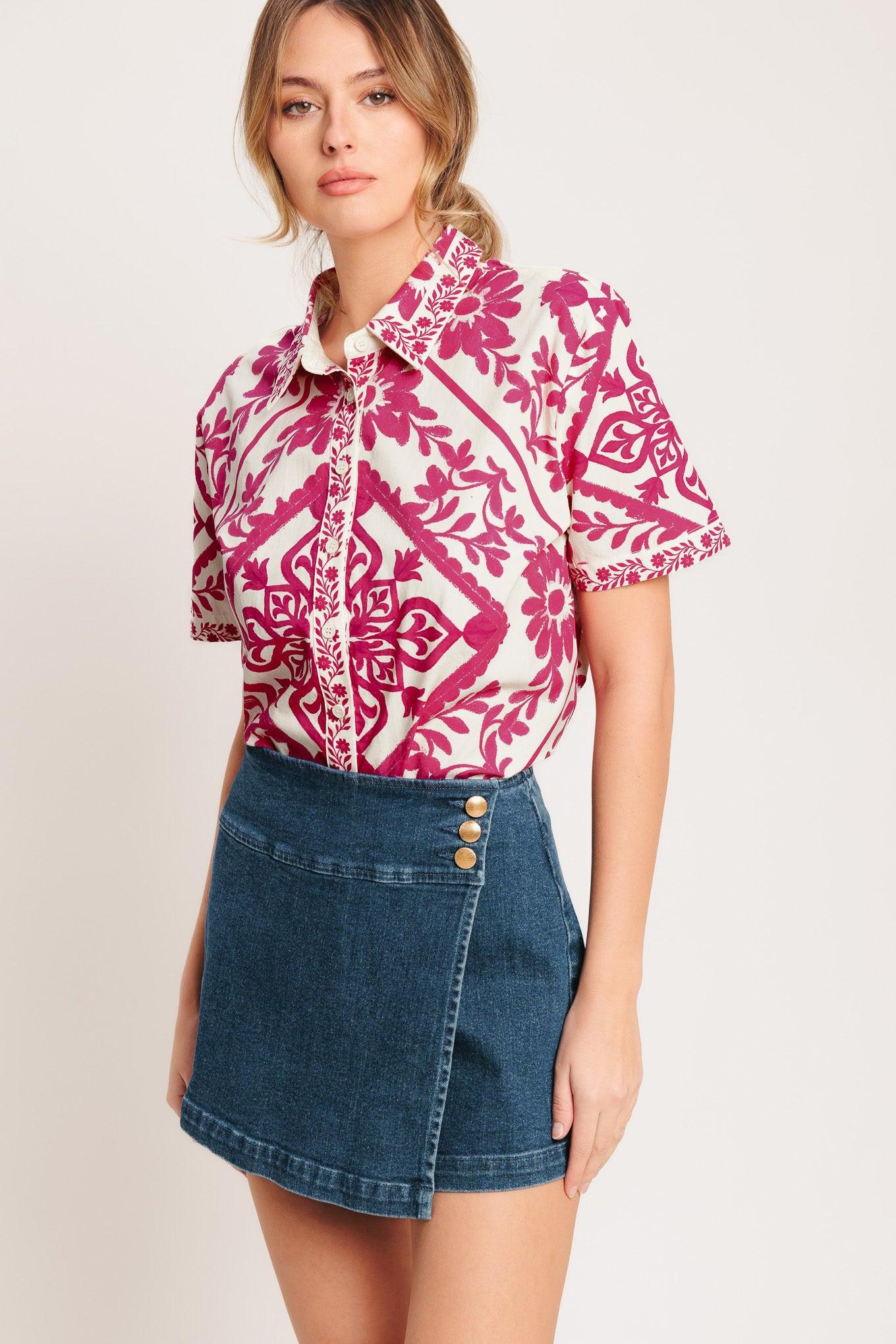 Weekday Wrap Woven Top in ivory fuchsia, view 5 — Soul Flow Apparel