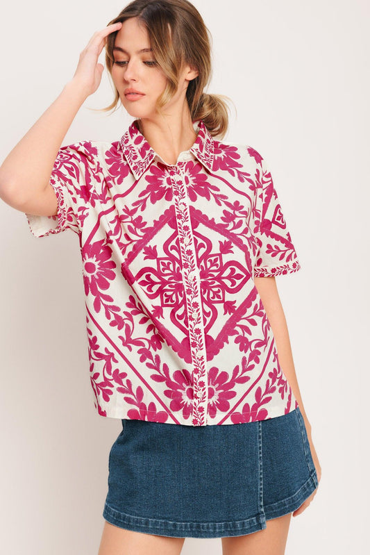 Weekday Wrap Woven Top in ivory fuchsia, view 6 — Soul Flow Apparel