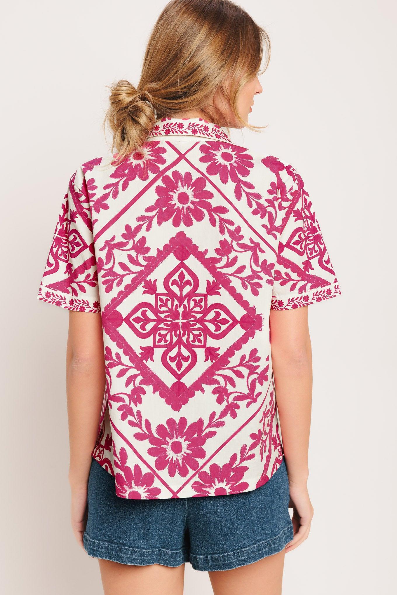 Weekday Wrap Woven Top in ivory fuchsia, view 7 — Soul Flow Apparel