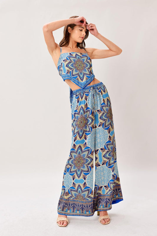Azure Mandala Woven Scarf Top And Pant Set in blue navy, view 6 — Soul Flow Apparel