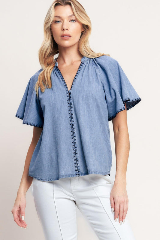 Weekend Wanderer Woven Top in light indigo, view 1 — Soul Flow Apparel