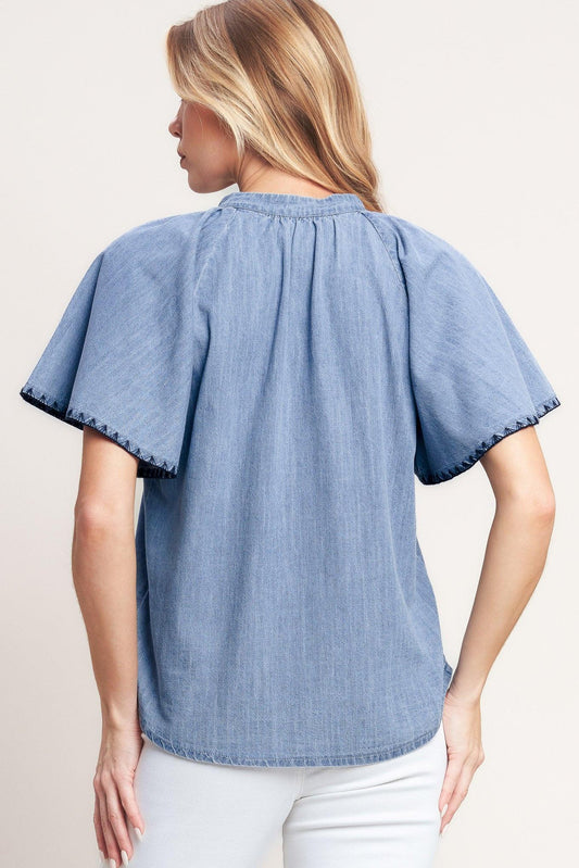 Weekend Wanderer Woven Top in light indigo, view 5 — Soul Flow Apparel