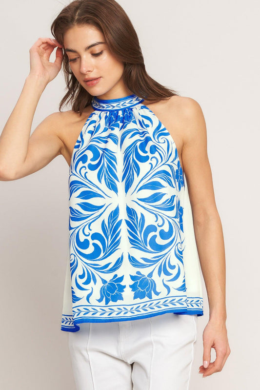 Coastal Charm Halter Woven Top in white blue, view 2 — Soul Flow Apparel