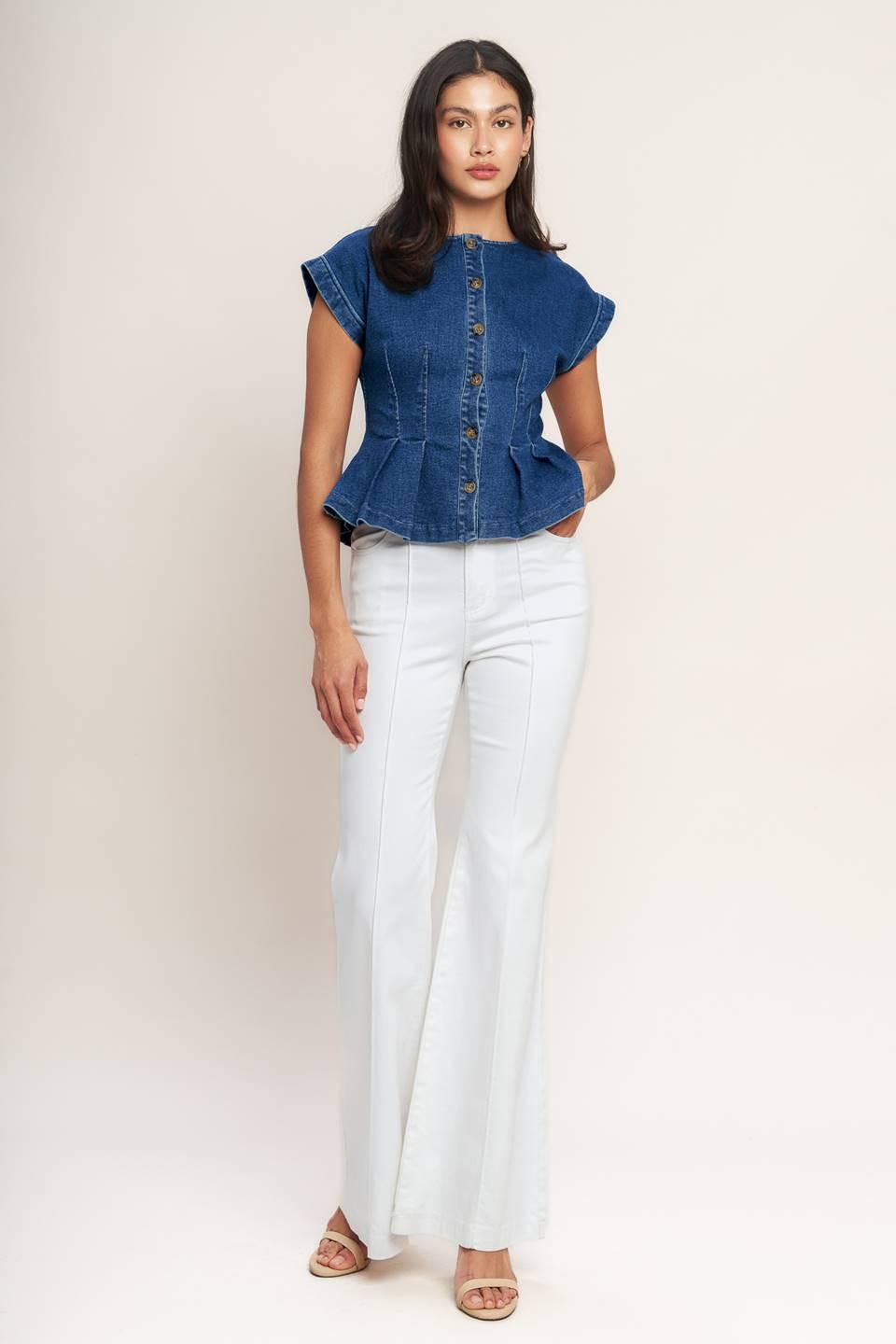 The One You Keep Denim Top in medium indigo, view 1 — Soul Flow Apparel