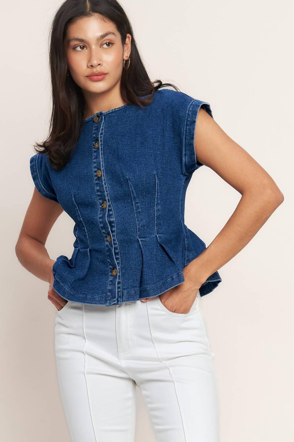 The One You Keep Denim Top in medium indigo, view 2 — Soul Flow Apparel