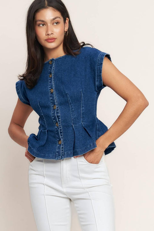 The One You Keep Denim Top in medium indigo, view 2 — Soul Flow Apparel