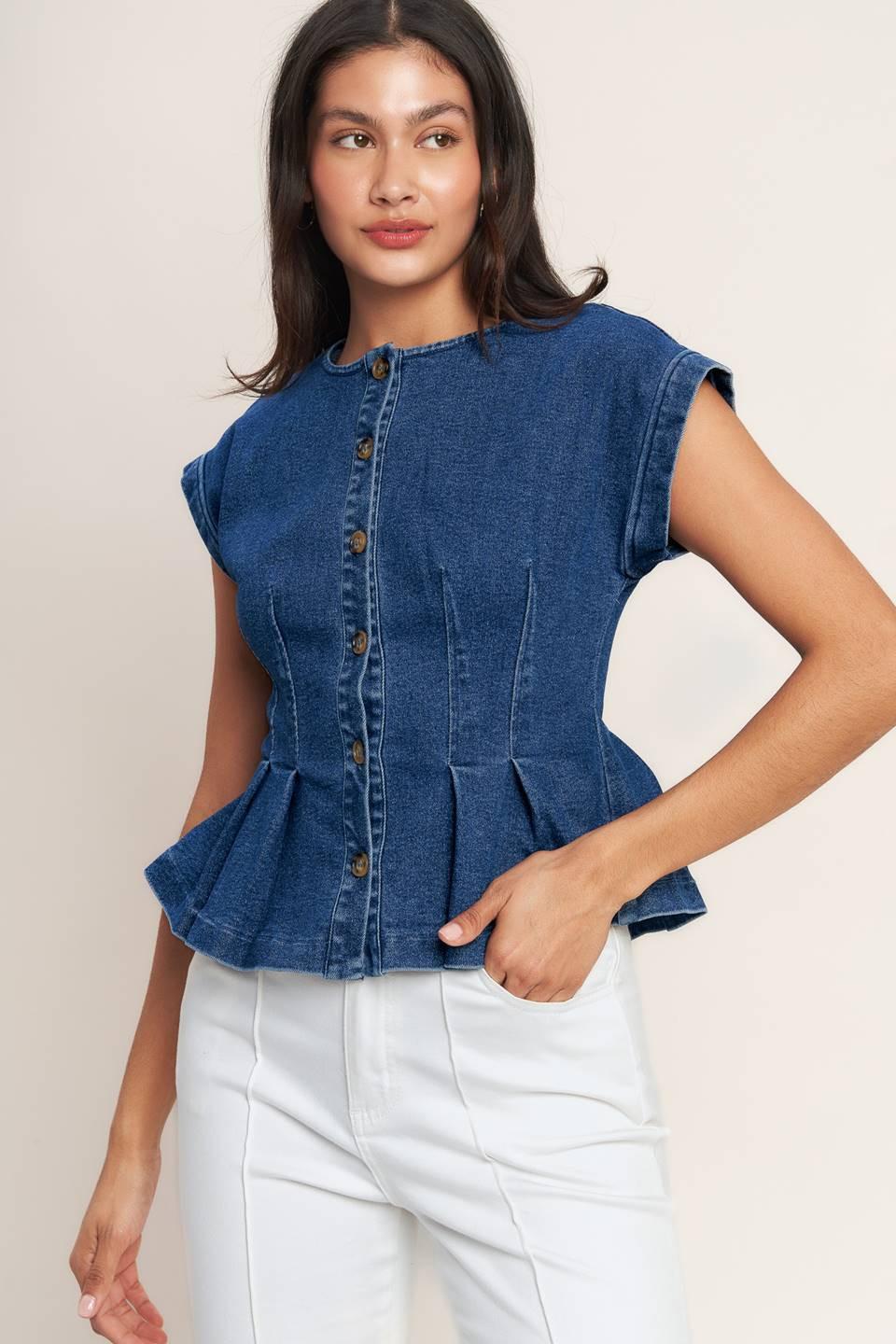 The One You Keep Denim Top in medium indigo, view 5 — Soul Flow Apparel