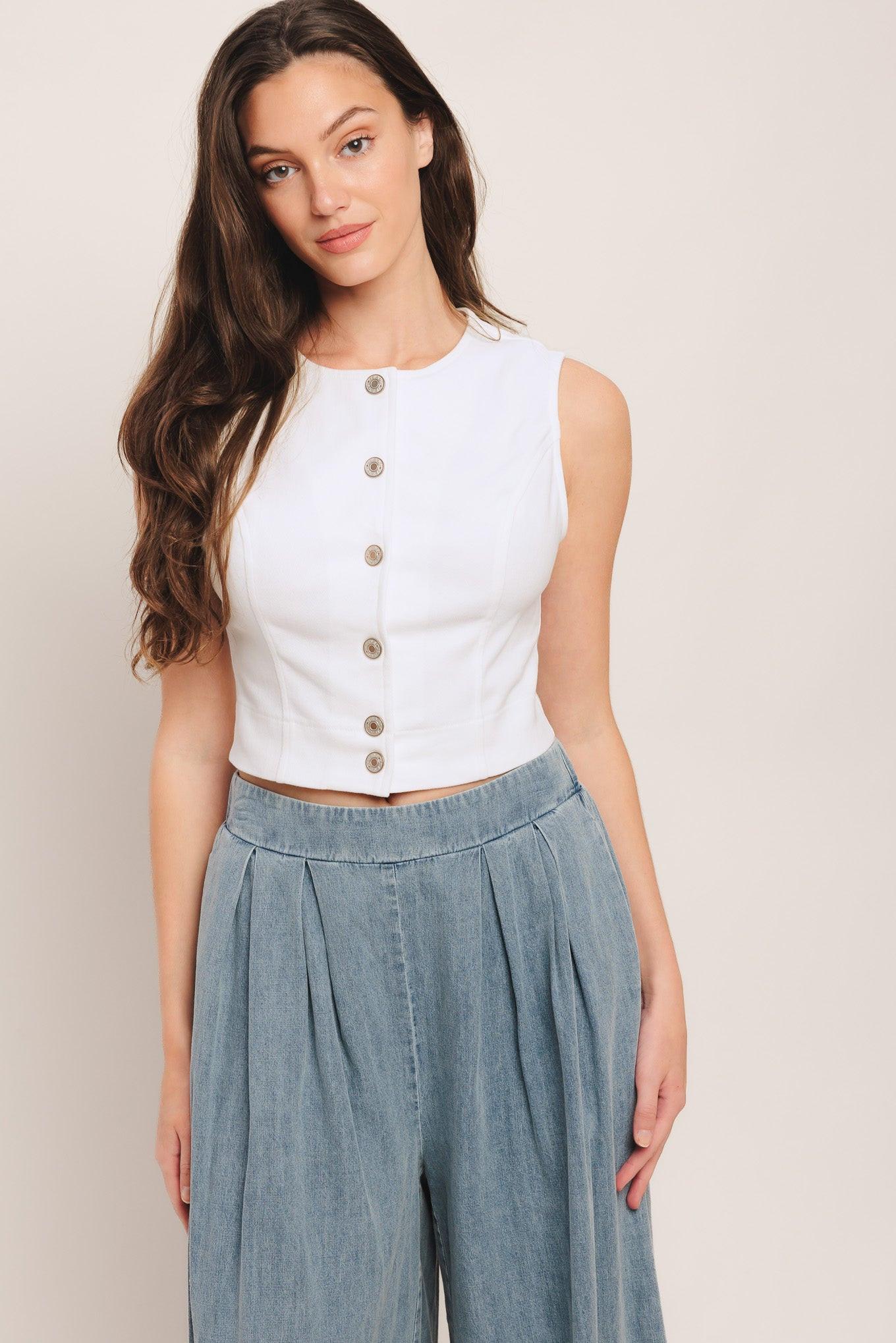 Easy Wear Western Woven Top in white denim, view 5 — Soul Flow Apparel