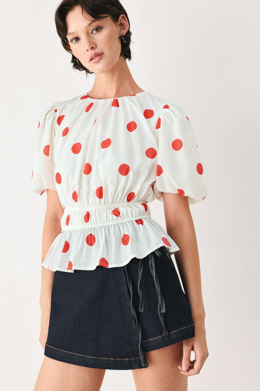 Cherry Kiss Polka Dot Woven Top in white multi, view 1 — Soul Flow Apparel