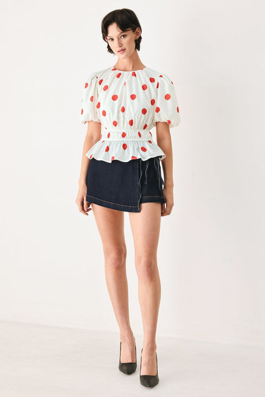 Cherry Kiss Polka Dot Woven Top in white multi, view 3 — Soul Flow Apparel