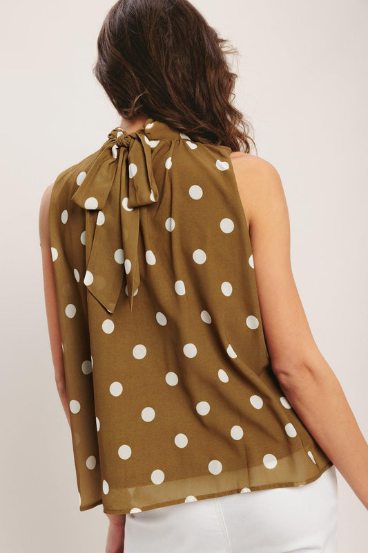 Retro Pop Dot Woven Top in brown, view 4 — Soul Flow Apparel