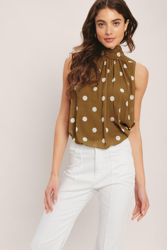 Retro Pop Dot Woven Top in brown, view 6 — Soul Flow Apparel
