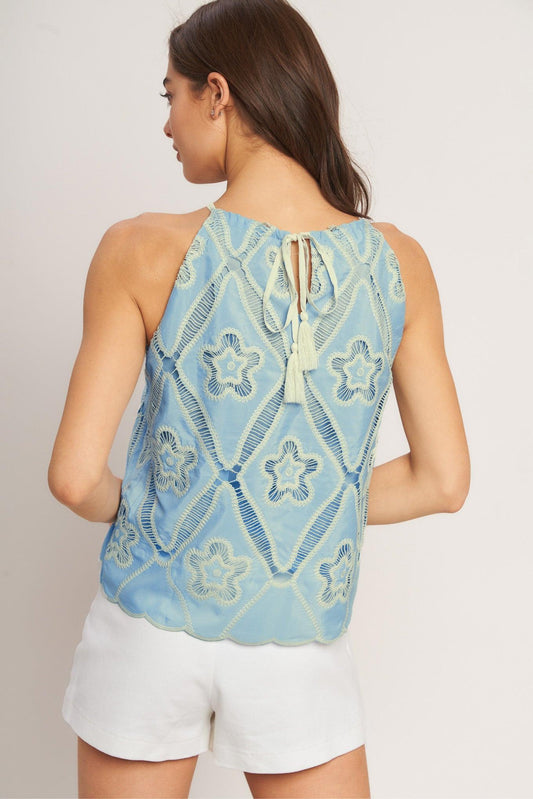 Sky Lace Summer Halter Woven Top in baby blue, view 5 — Soul Flow Apparel