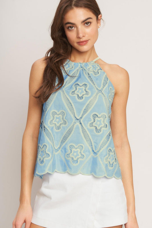 Sky Lace Summer Halter Woven Top in baby blue, view 6 — Soul Flow Apparel