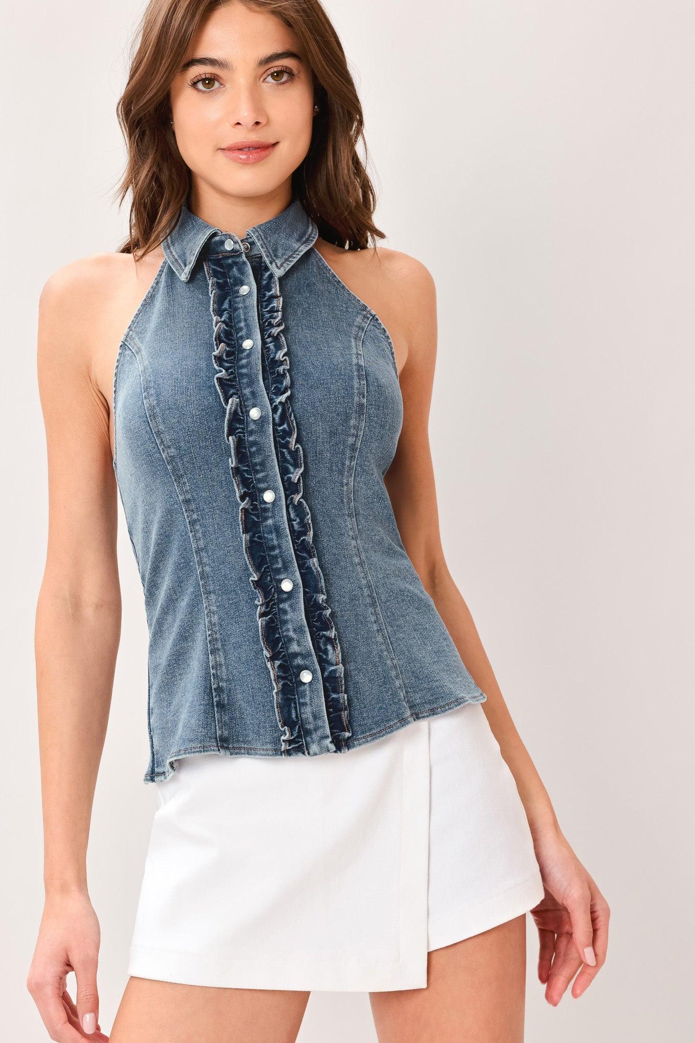 Indigo Babe Denim Top in medium indigo, view 2 — Soul Flow Apparel