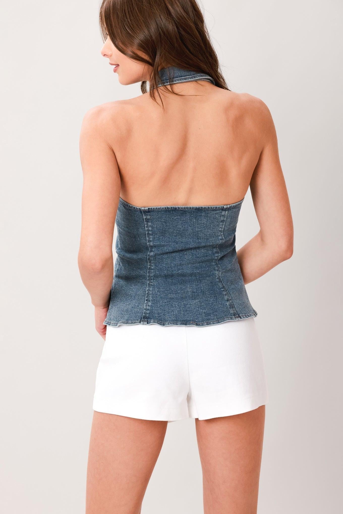 Indigo Babe Denim Top in medium indigo, view 4 — Soul Flow Apparel