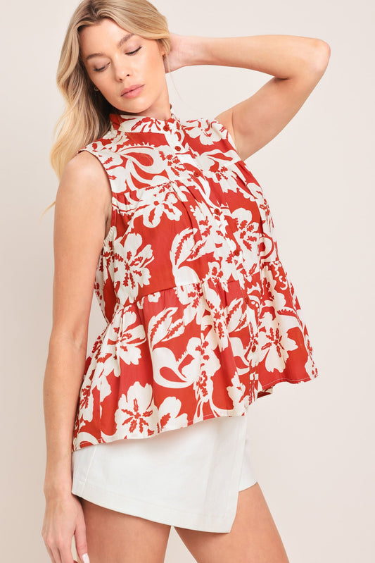 Sunset Bloom Woven Top in red, view 3 — Soul Flow Apparel