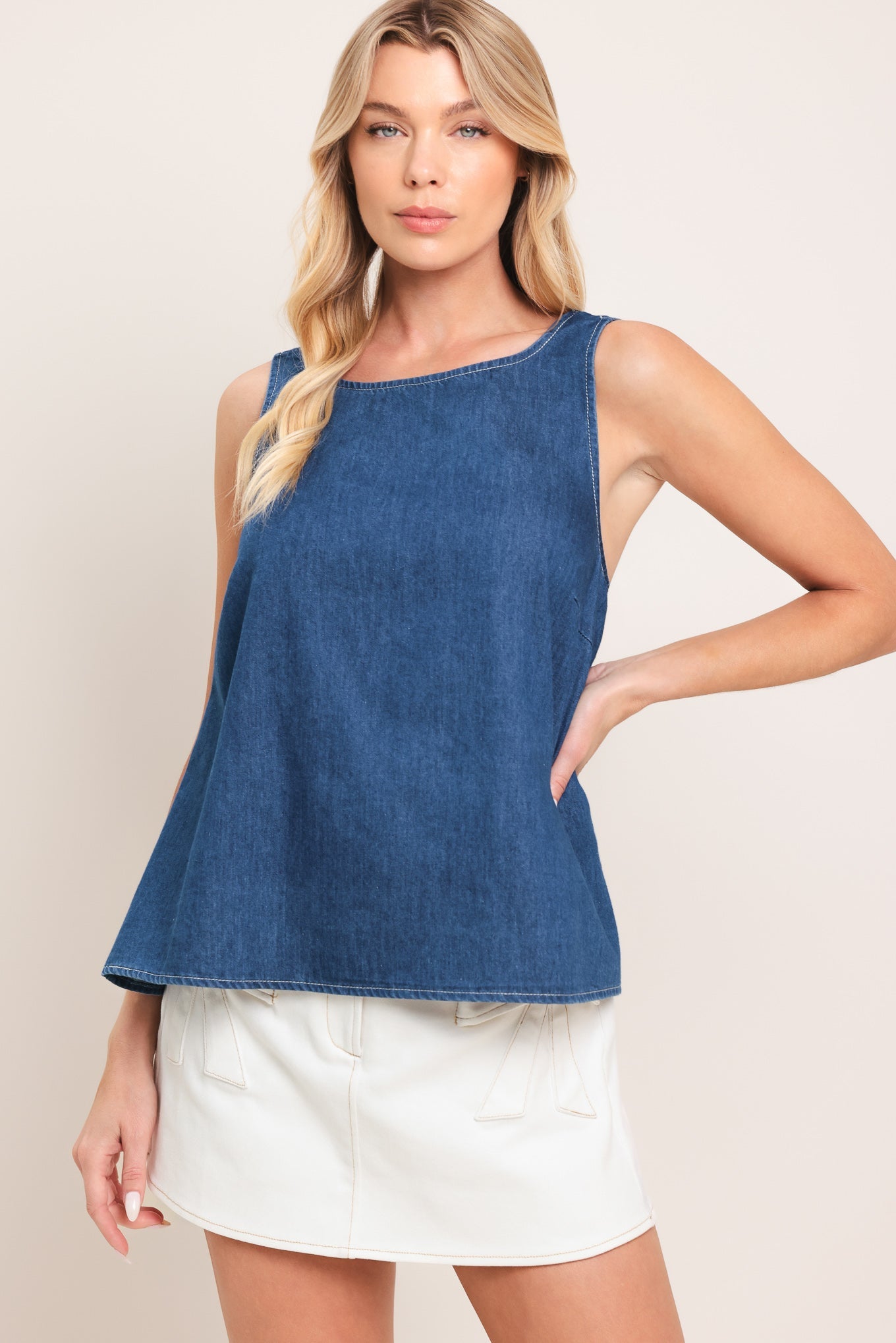 Washed Flow Woven Top in medium indigo, view 2 — Soul Flow Apparel
