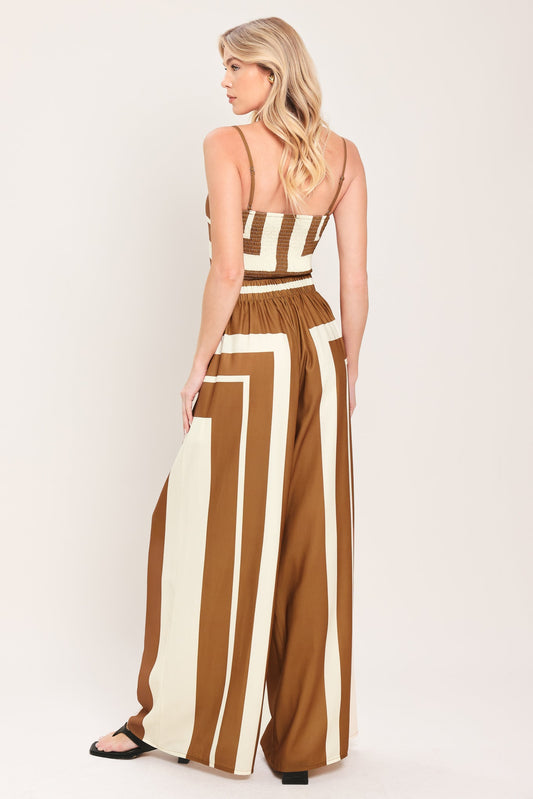 Luxe Coast Woven Top And Pant Set in brown ivory, view 6 — Soul Flow Apparel