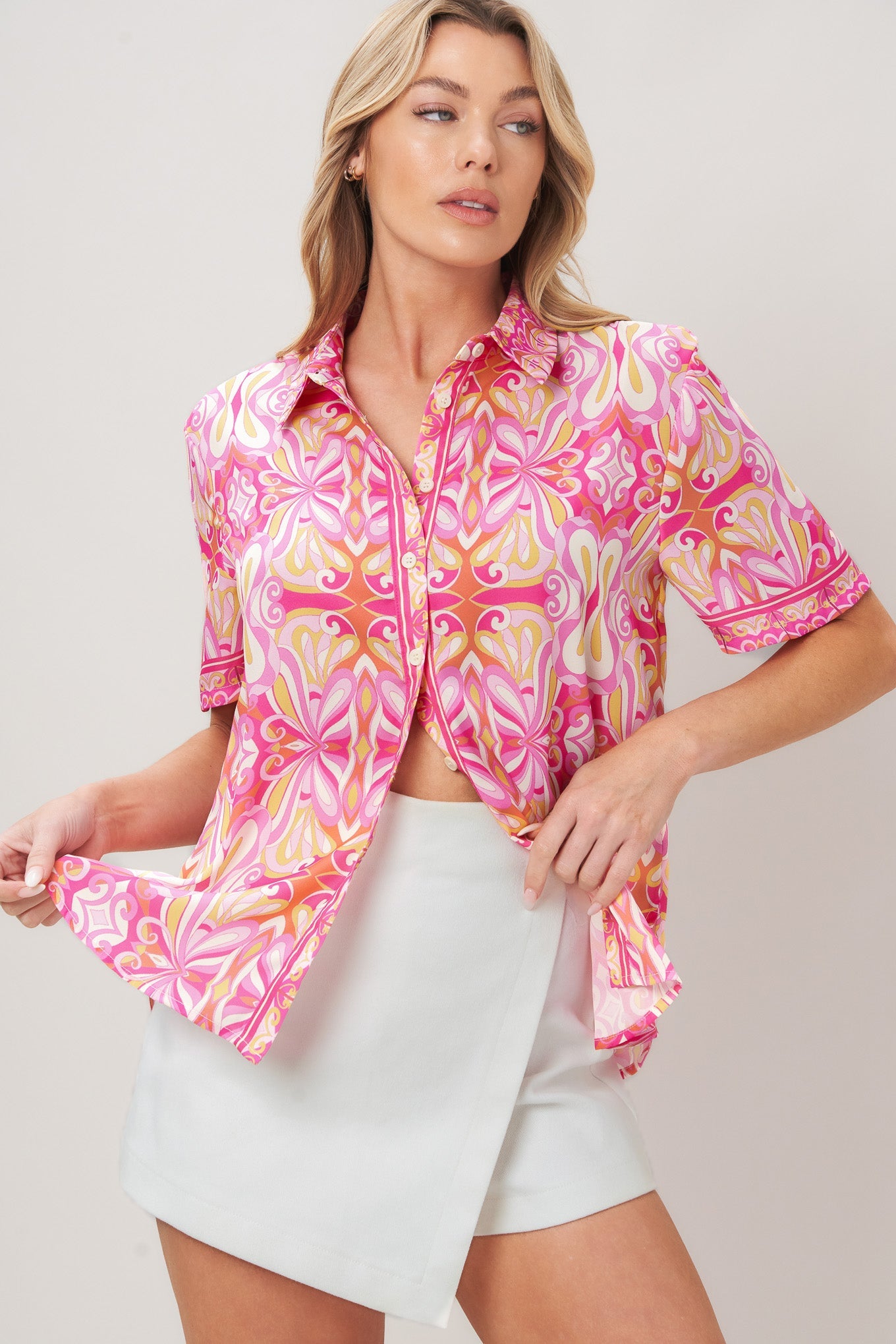 Candy Orbit Woven Top in pink, view 1 — Soul Flow Apparel