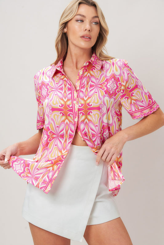 Candy Orbit Woven Top in pink, view 1 — Soul Flow Apparel