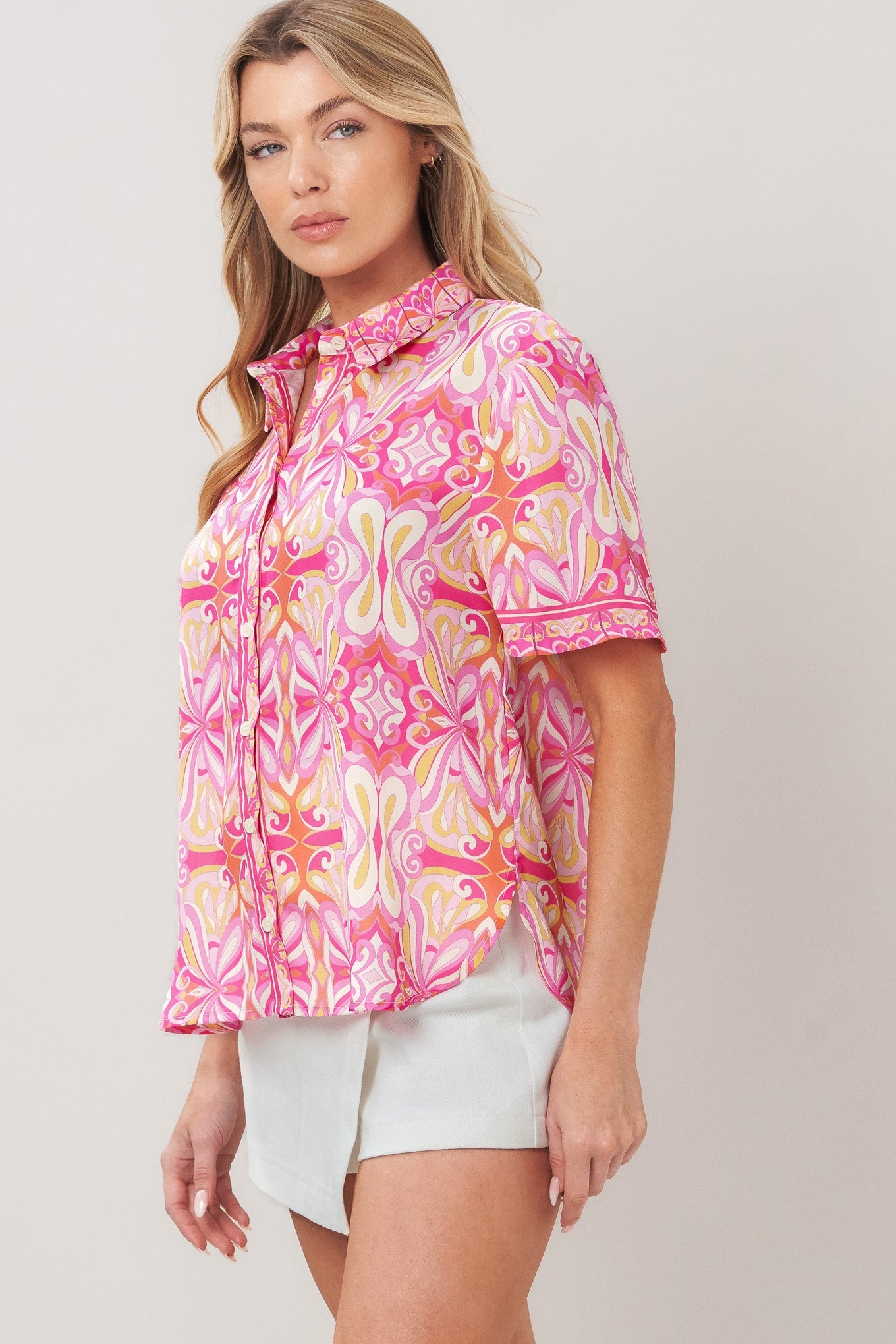 Candy Orbit Woven Top in pink, view 3 — Soul Flow Apparel