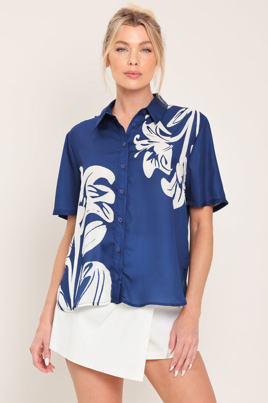 Coastal Bloom Woven Top in navy, view 1 — Soul Flow Apparel
