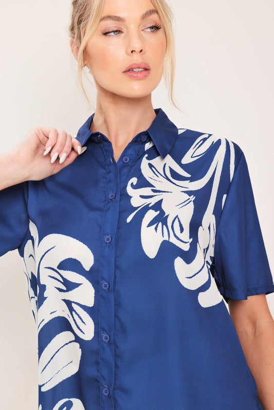 Coastal Bloom Woven Top in navy, view 3 — Soul Flow Apparel