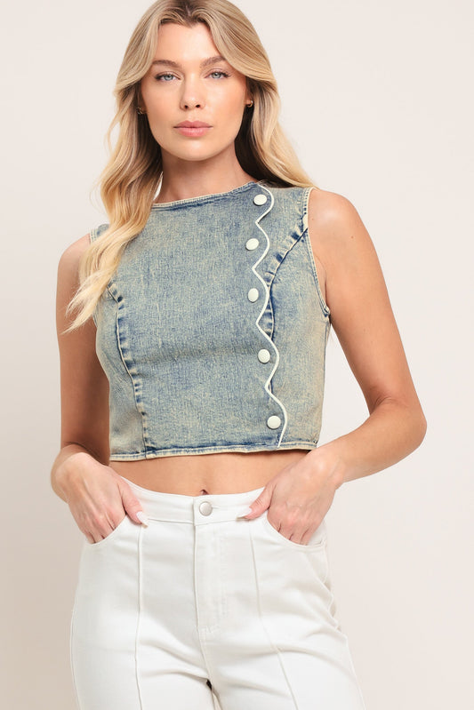 Sweet Detail Denim Crop Top in acid denim, view 1 — Soul Flow Apparel