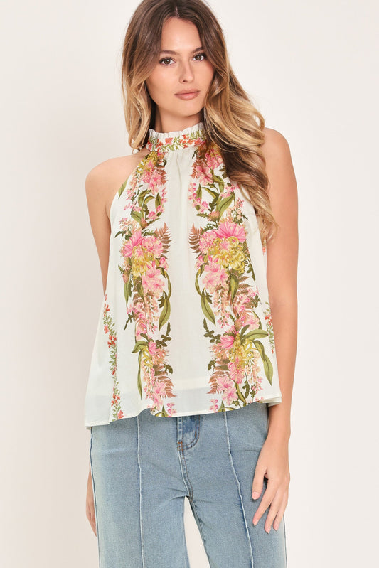 Botanical Escape Woven Halter Top in ivory, view 1 — Soul Flow Apparel