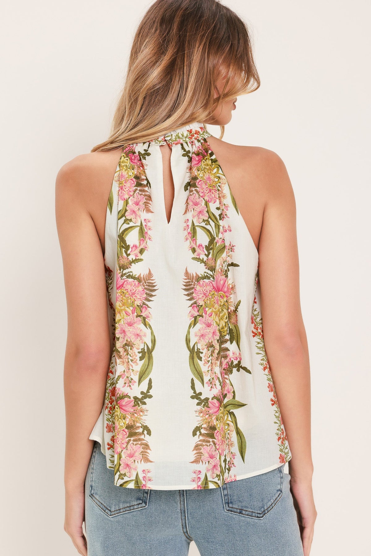 Botanical Escape Woven Halter Top in ivory, view 4 — Soul Flow Apparel