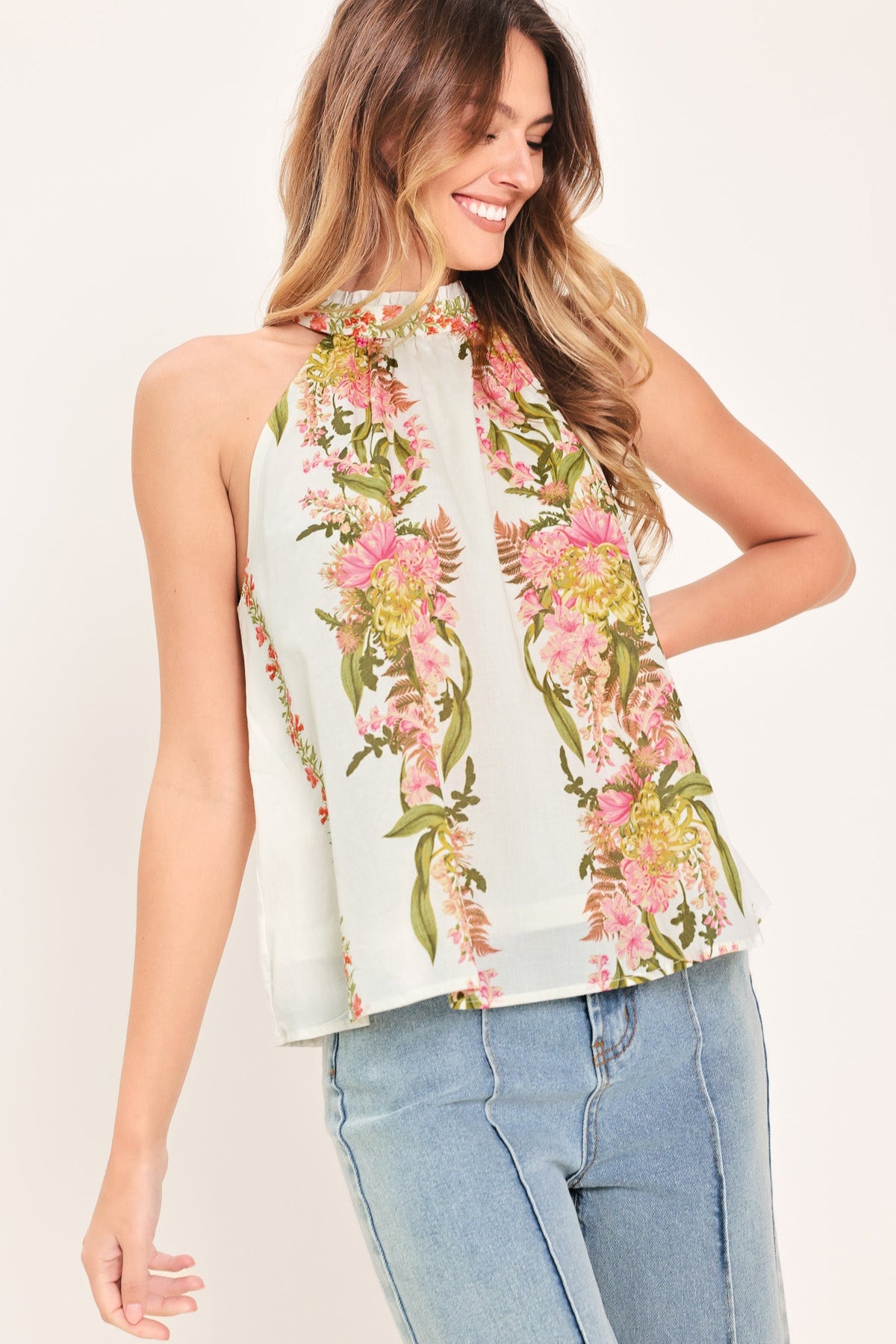 Botanical Escape Woven Halter Top in ivory, view 7 — Soul Flow Apparel