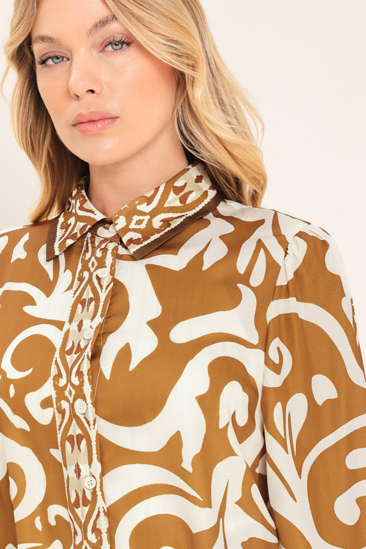 Amalfi Coast Woven Shirt in camel, view 2 — Soul Flow Apparel