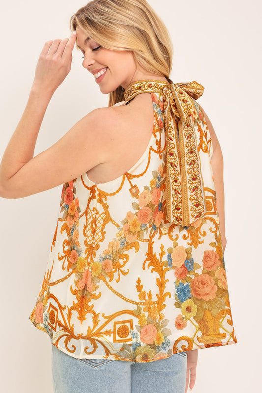 Antique Bloom Woven Halter Top in ivory, view 2 — Soul Flow Apparel
