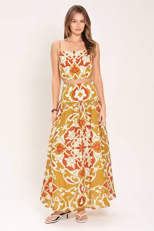 Golden Island Woven Top And Skirt Set in camel multi, view 1 — Soul Flow Apparel