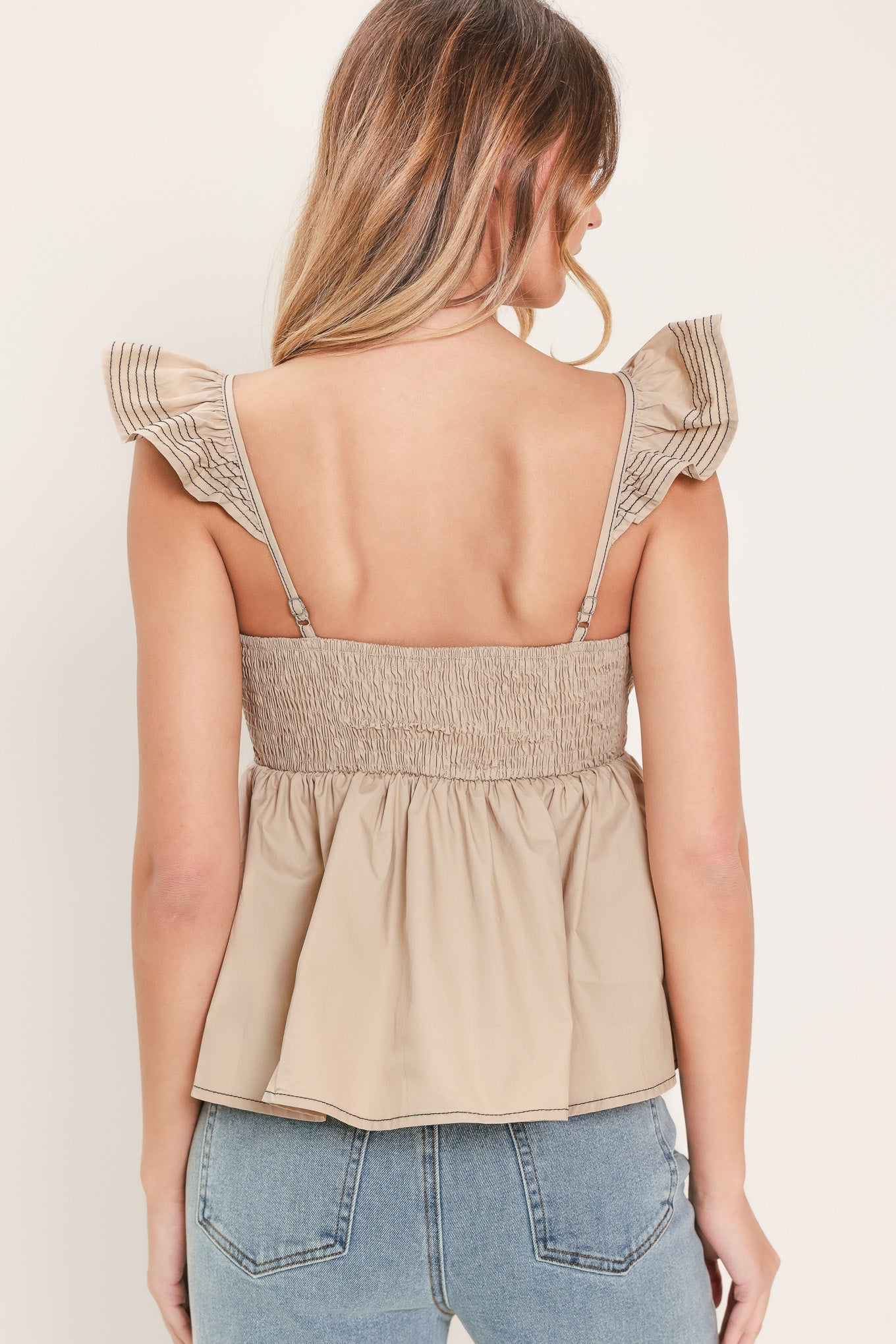 Seaside Flutter Woven Top in neutral, view 7 — Soul Flow Apparel