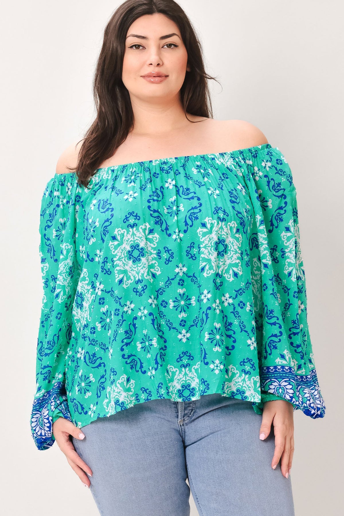 Send My Love Woven Top with Wide Neckline Long Sleeve and Ruffle Trim Rayon in jade, view 1 — Soul Flow Apparel