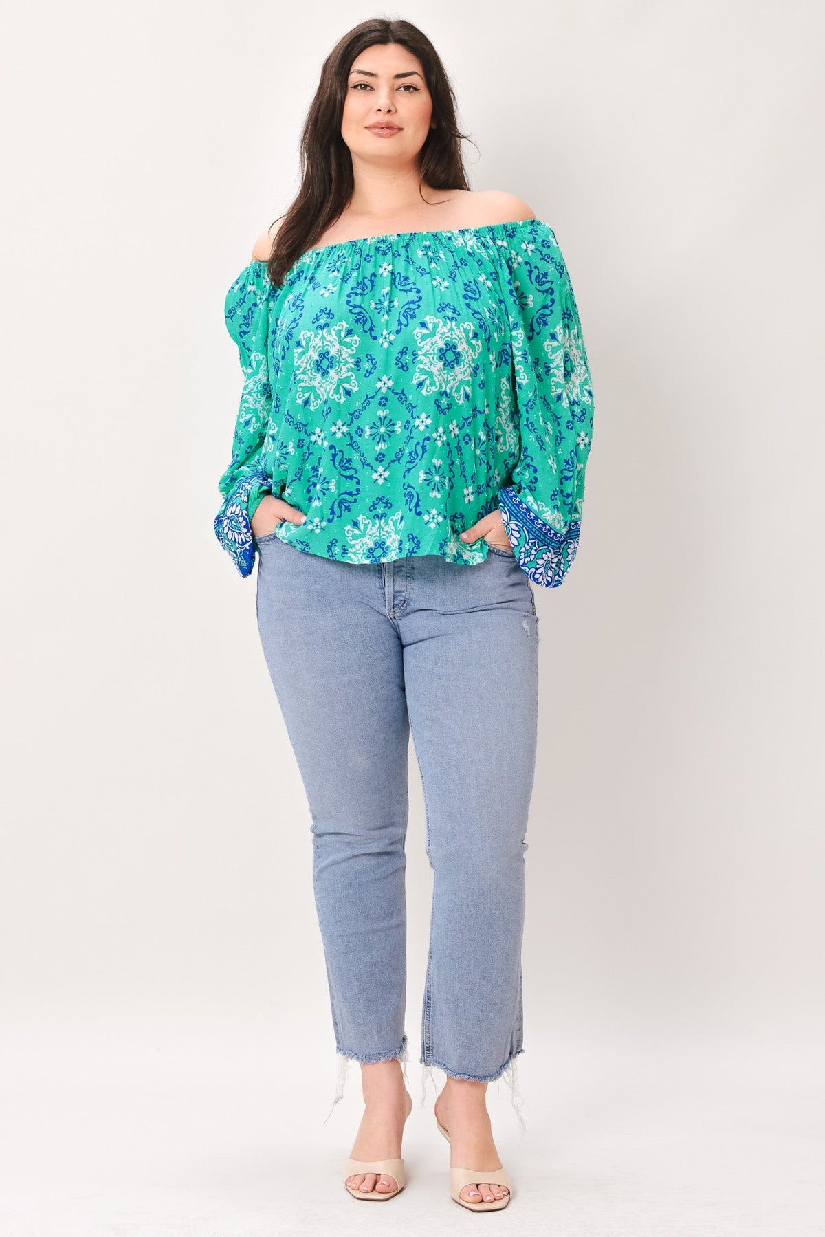 Send My Love Woven Top with Wide Neckline Long Sleeve and Ruffle Trim Rayon in jade, view 2 — Soul Flow Apparel