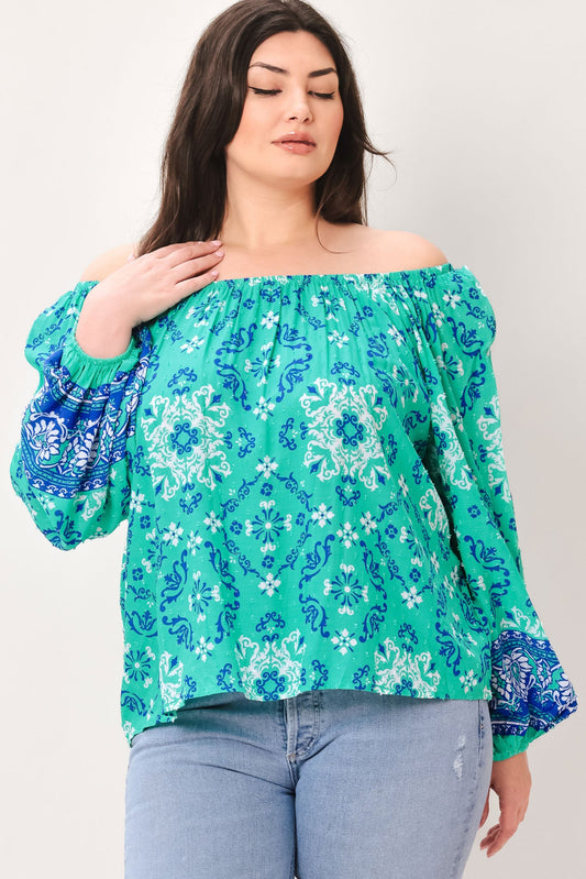 Send My Love Woven Top with Wide Neckline Long Sleeve and Ruffle Trim Rayon in jade, view 3 — Soul Flow Apparel