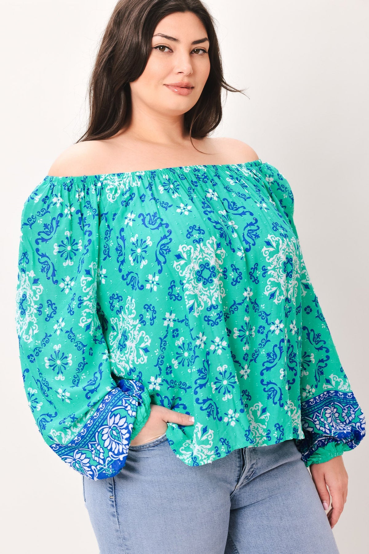 Send My Love Woven Top with Wide Neckline Long Sleeve and Ruffle Trim Rayon in jade, view 4 — Soul Flow Apparel