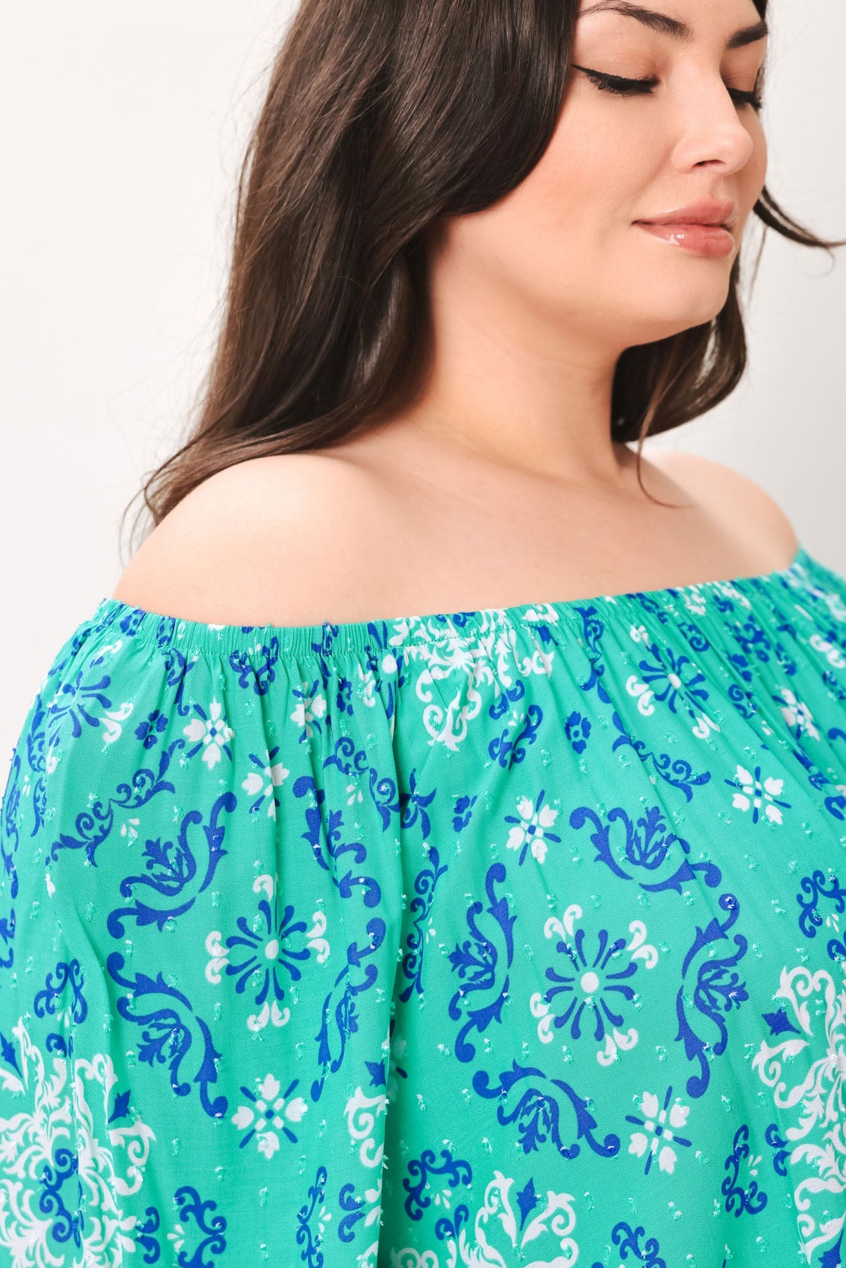 Send My Love Woven Top with Wide Neckline Long Sleeve and Ruffle Trim Rayon in jade, view 5 — Soul Flow Apparel