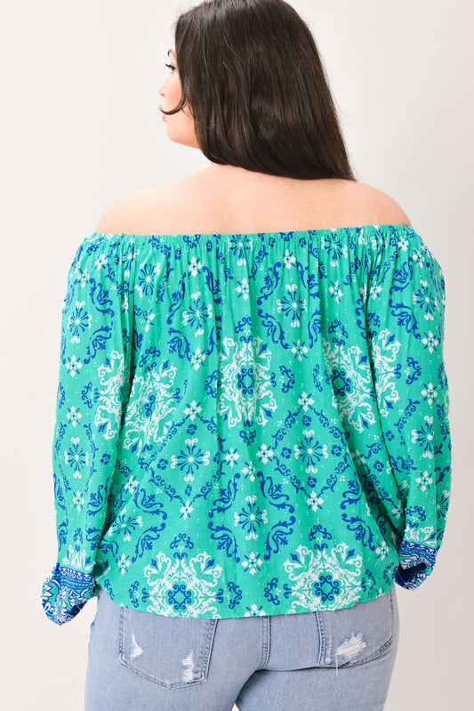 Send My Love Woven Top with Wide Neckline Long Sleeve and Ruffle Trim Rayon in jade, view 6 — Soul Flow Apparel