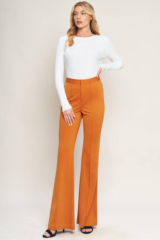 Depths of Beauty Flare Pants High Rise Wide Leg Front Zipper Closure in pumpkin, view 3 — Soul Flow Apparel